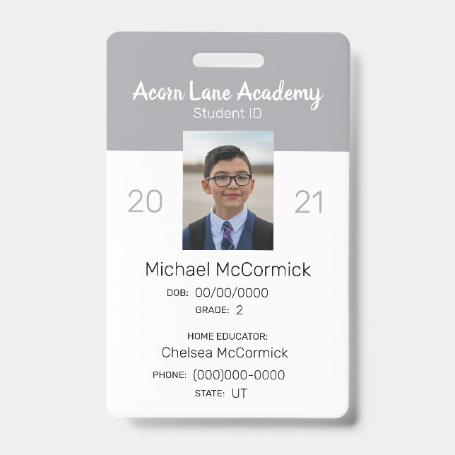 Sauberes graues Homeschool Student ID Abzeichen Ausweis (Vorderseite)