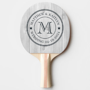 Sauberes Hellgraues Hölzernes Hochzeits-Monogramm Tischtennis Schläger