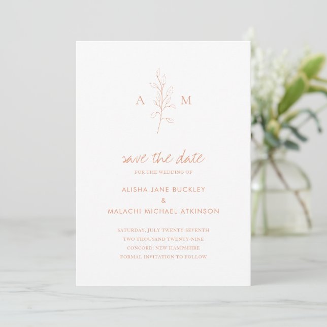 Sauberes peach Botanical Foto Elegante Hochzeit Save The Date (Stehend Vorderseite)