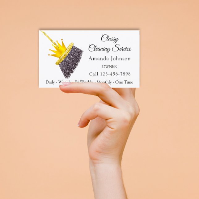 Sauberkeit Reinigungsservice Haushaltshilfe White  Visitenkarte (Classy Cleaning Service Maid White Gold Crown Business Card)