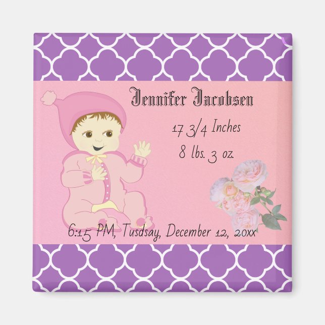 Säugling Baby Girl in Rosa mit Blume Magnet (Vorne)