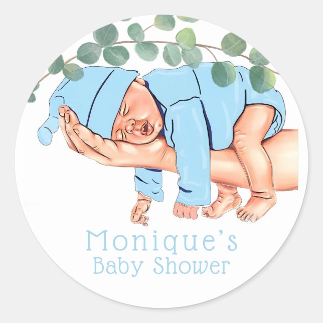 Säugling Boy On Mama Armbabydusche nach Maß Runder Aufkleber (Vorderseite)