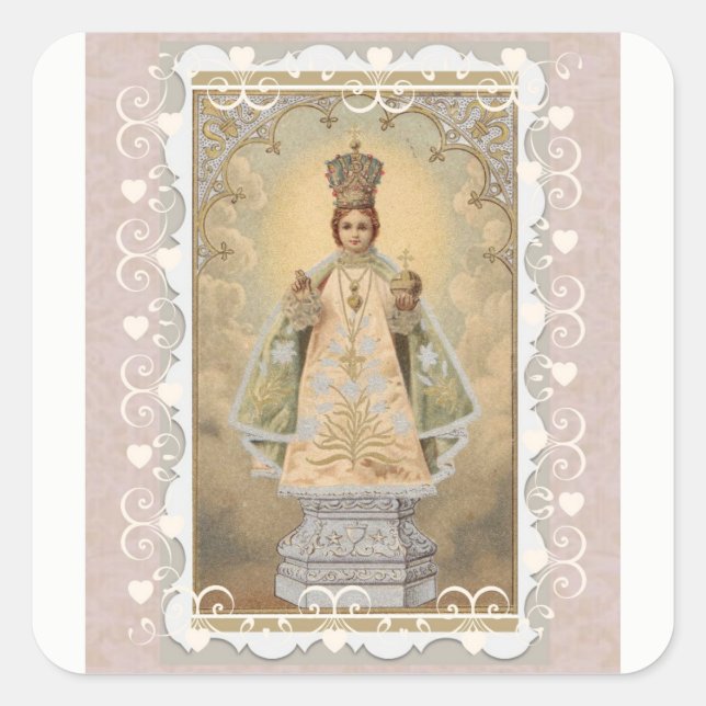 Säugling Jesus von Prag mit dekorativer Grenze Quadratischer Aufkleber (Vorderseite)