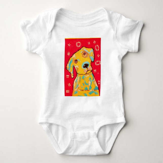 Säuglings-Strampler mit neugierigem Hundeentwurf Baby Strampler (Vorderseite)