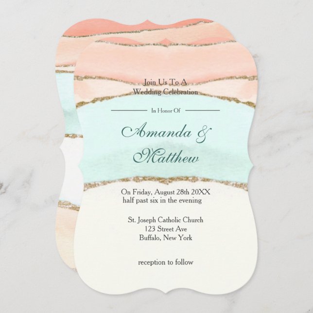 Saumon et Turquoise Gold Agate Invitations de mari (Devant / Derrière)