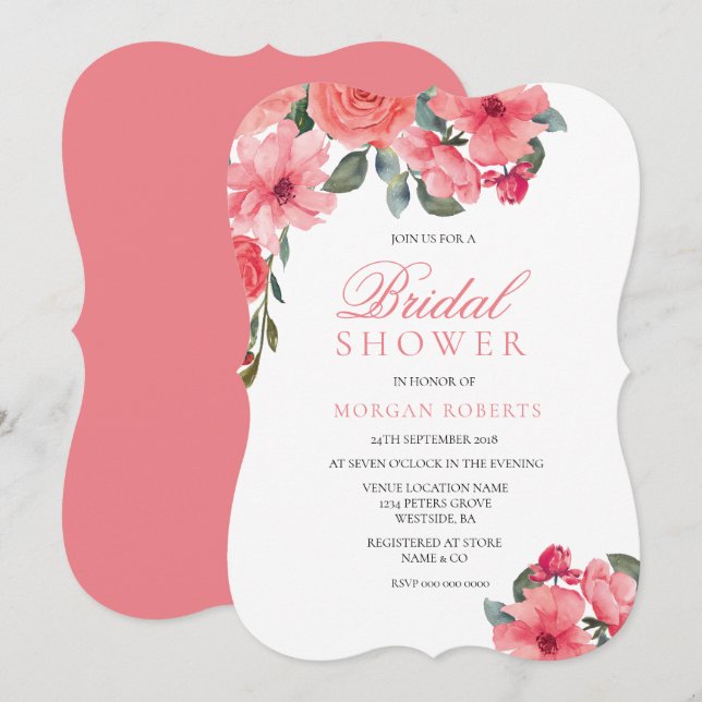Saumon Peach rose Floral Invitation douche nuptial (Devant / Derrière)