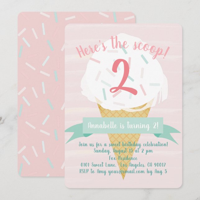 Saupoudrer rose crème glacée Invitation Anniversai (Devant / Derrière)