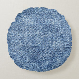 Säuregewaschenes blaues Denim, Nahaufnahme-Textur. Rundes Kissen