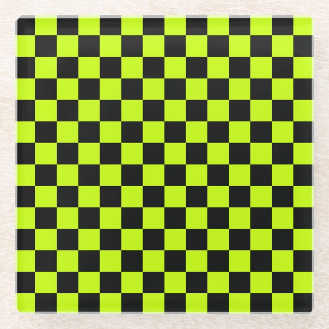 Säuregrün-schwarzes Schachbrettmuster Glasuntersetzer (Vorderseite)