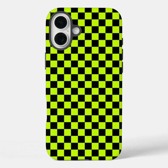 Säuregrün-schwarzes Schachbrettmuster iPhone 16 Plus Hülle (Rückseite)