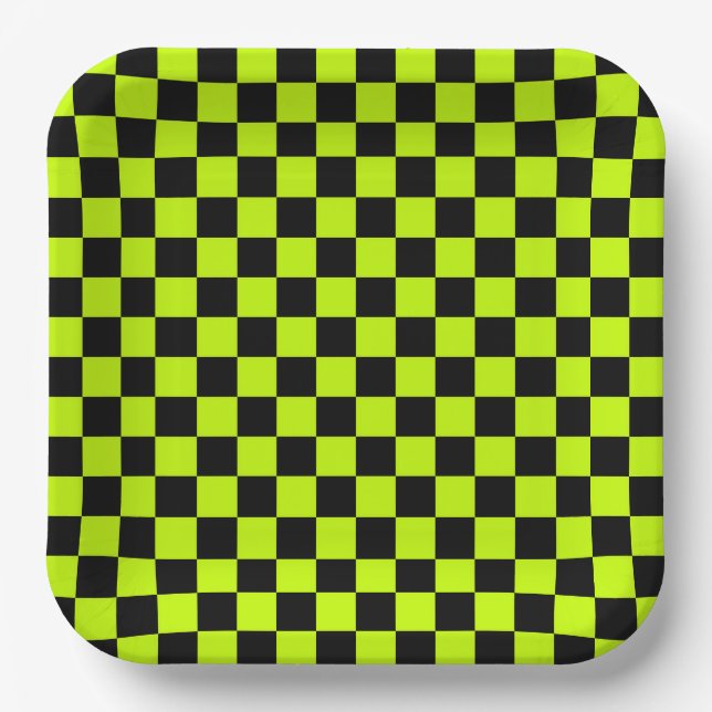 Säuregrün-schwarzes Schachbrettmuster Pappteller (Vorderseite)