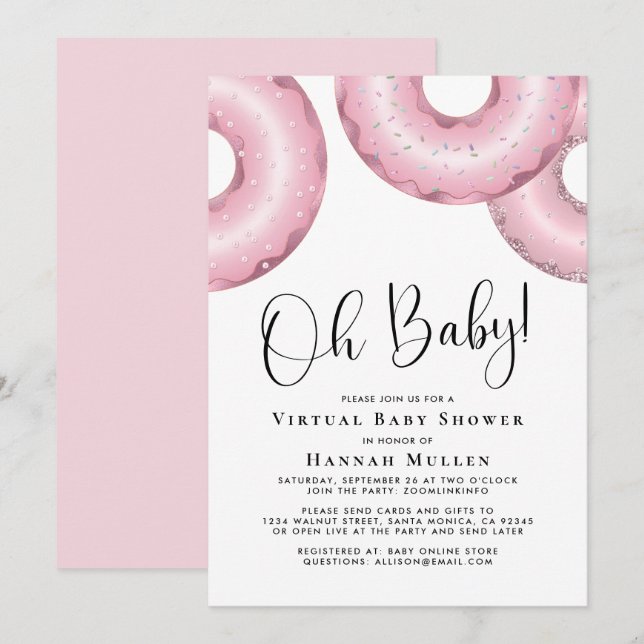 Sauts Baby shower virtuel Invitation rose (Devant / Derrière)