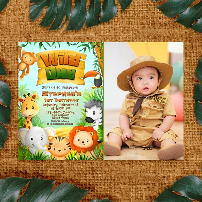 Sauvageon - Animaux de Safari avec Invitation Phot (Wild One - Safari Animals with Photo Picture Landscape Invitation)