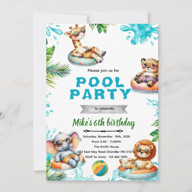 Savanna Animals Pool Party Birthday Invitation (Devant)