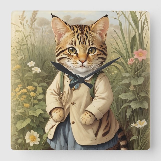 Savanna Cat Quadratische Wanduhr (Vorderseite)