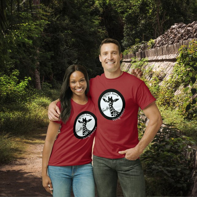 Savanna Queen T-Shirt (A couple in the nature wearing dark red t-shirt with fantabuloustef Savanna Queen giraffe artwork)