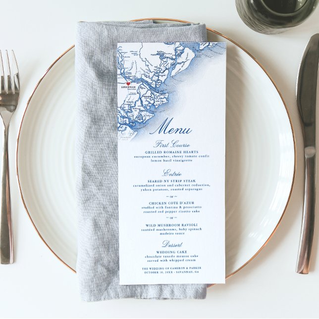 Savannah GA Map Elegant Navy Blue Wedding Menükarte (Savannah Georgia Map Wedding Menu in Elegant Navy Blue from Coastal Map Designs)