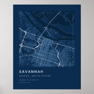 Savannah GA Marineblaue Stadtplan-Kunst drucken Poster