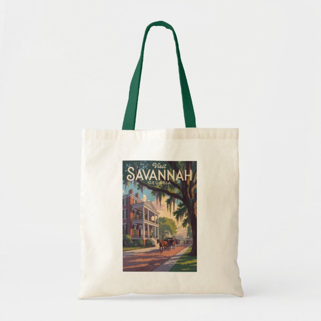 Savannah Georgia Horse Carriage Illustration Retro Tragetasche (Vorne)