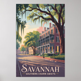 Savannah Georgia Illustration Travel Art Vintag Poster