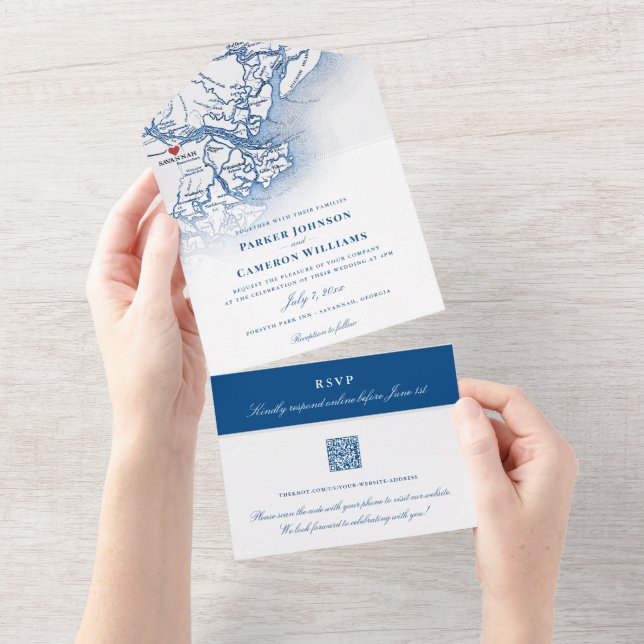 Savannah Georgia Karte Elegant Navy Hochzeit (Abreißen)