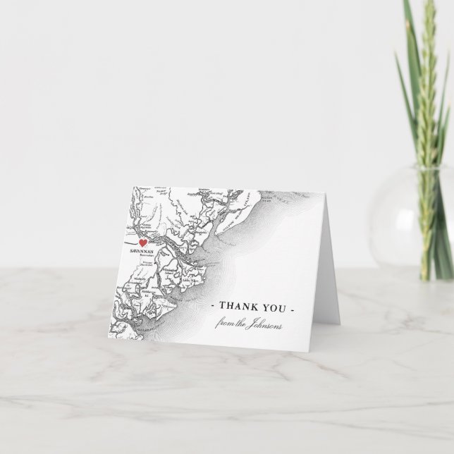 Savannah Georgia Map Wedding Personalisiert Dankeskarte (Vorderseite)