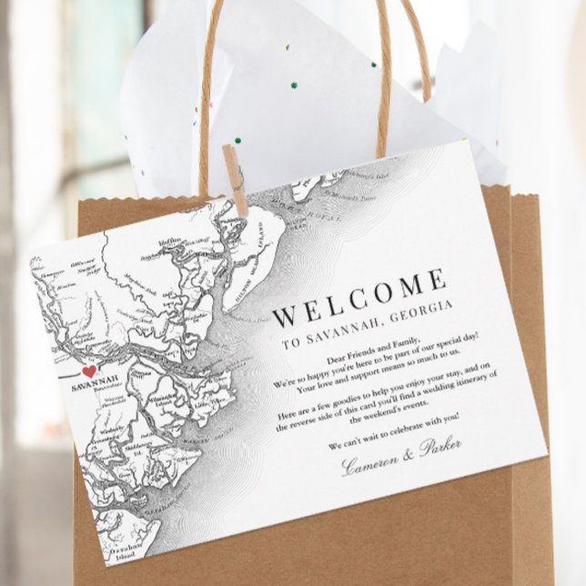 Savannah Georgia Wedding Welcome Itinerary Dankeskarte (Elegant Savannah Georgia Welcome Letter wedding itinerary thank you card in black and white )