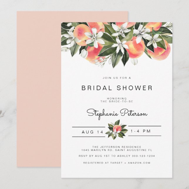 Savannah - Wasserfarben Peach Floral Brautparty Einladung (Vorne/Hinten)