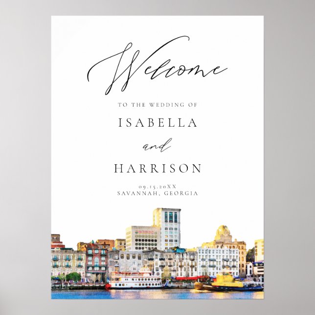 SAVANNAH Watercolor Skyline Wedding Welcome Sign Poster (Vorne)