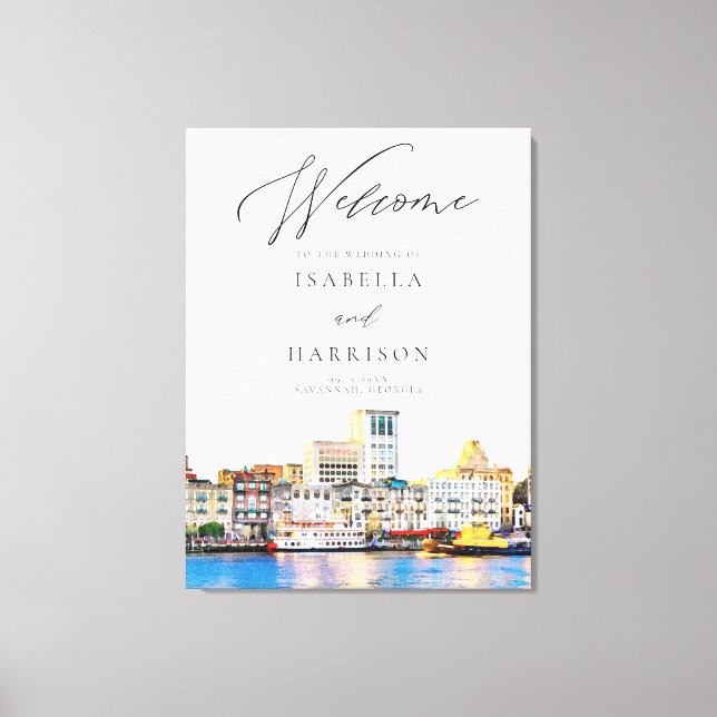 SAVANNAH Watercolor Skyline Wedding Willkommen Leinwanddruck (Vorderseite)
