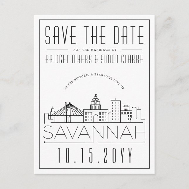 Savannah Wedding | Stilisierte Skyline Save the Da Postkarte (Vorderseite)