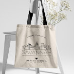 Savannah Wedding | Stilisierte Skyline Tragetasche<br><div class="desc">Eine einzigartige Hochzeitstasche für eine Hochzeit in der schönen Stadt Savannah,  Georgia. In dieser Tasche wird die einzigartige Skyline der Stadt mit ihrem Namen darunter stilvoll dargestellt. Anschließend erhalten Sie Informationen zu Ihrem Hochzeitstag in einem passenden,  offenen Stil.</div>