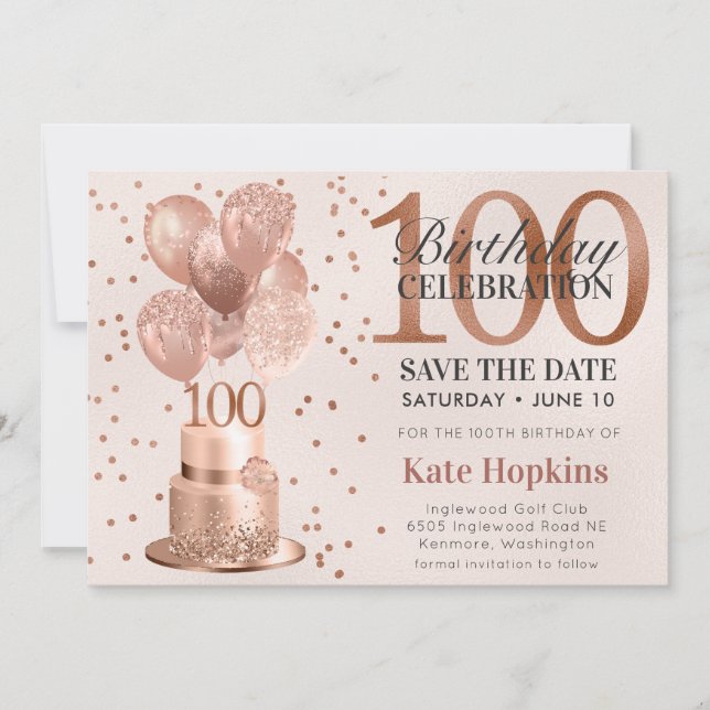 Save the Date 100. Geburtstag Rose Gold Cake (Vorderseite)