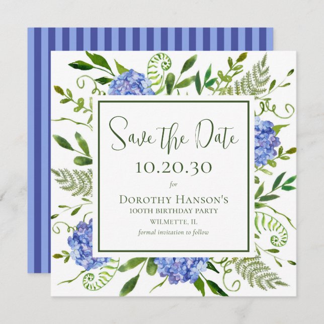 Save The Date 100e anniversaire Blue Hydrangeas (Devant / Derrière)