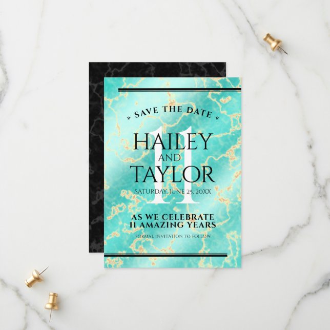 Save The Date 11ème anniversaire de Mariage turquoise (Devant/Arrière en situation)