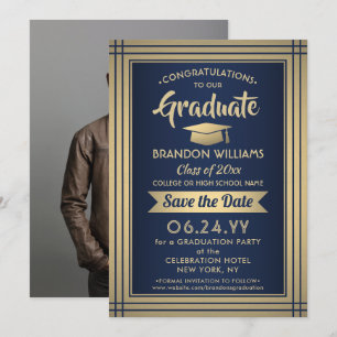 Save The Date 1 Photo Félicitations Diplômé Marine Bleu & Or