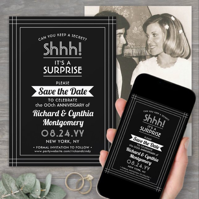 Save The Date 1 Photo Fête d'anniversaire surprise Noir et Blanc (Créateur téléchargé)