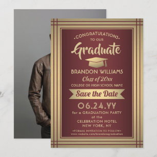 Save The Date 1 Photo Graduation Bourgogne Gold Maroon Rouge Mod