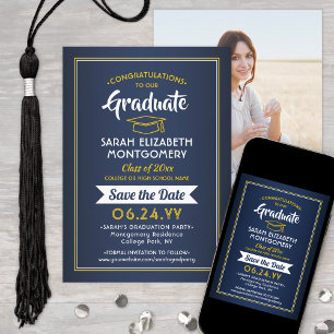 Save The Date 1 Photo Graduation Elégant Marine Bleu & Or Jaune