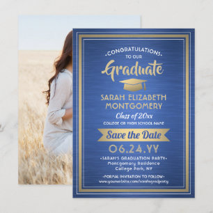 Save The Date 1 Photo Graduation Élégante Moderne Bleu Blanc Or