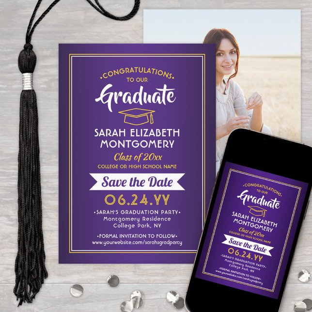 Save The Date 1 Photo Graduation Élégante Purple & Or Jaune (Créateur téléchargé)