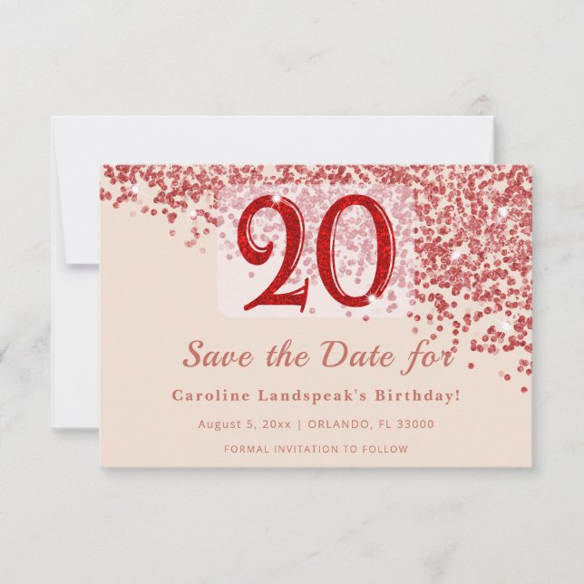 Save The Date 20th Ruby Red Glitter Champagne Enregistrez la Dat (Devant)