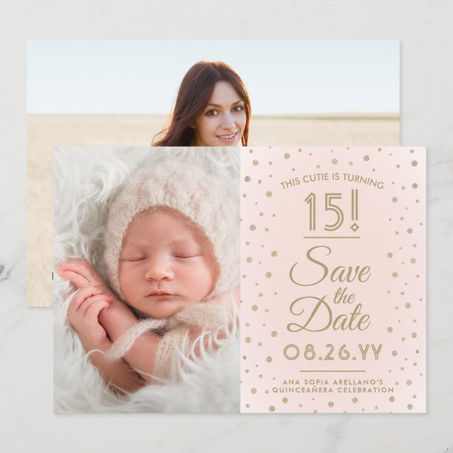 Save The Date 2 Photo Quinceanera Chic Blush Pink Gold Parties s (Devant / Derrière)