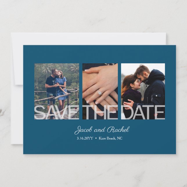 Save the Date 3-Foto Blue Wedding Verlobung (Vorderseite)