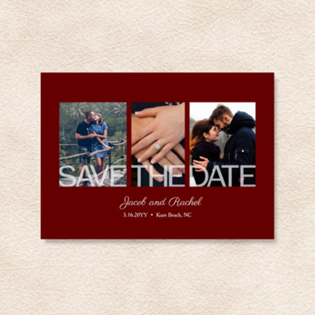 Save the Date 3-Foto Collage Red Burgundy Magnet (Von Creator hochgeladen)