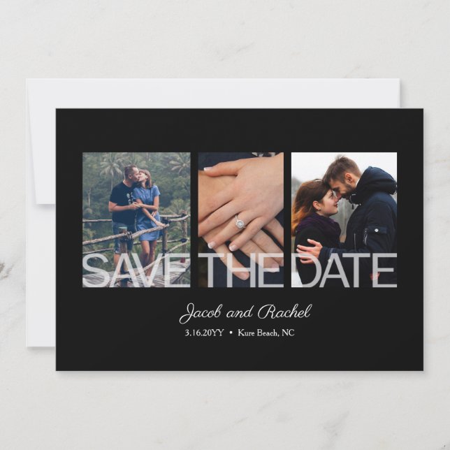 Save the Date 3-Foto Collage Schwarz-weiß Hochzeit (Vorderseite)