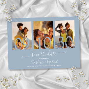 Save The Date 3 Photo Collage Signature Script Dusty Blue