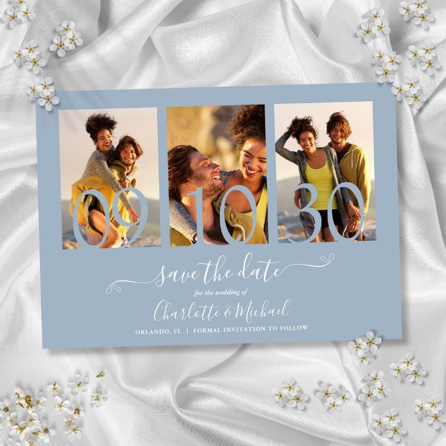 Save The Date 3 Photo Collage Signature Script Dusty Blue (3 Photo Collage Signature Script Dusty Blue Save The Date)
