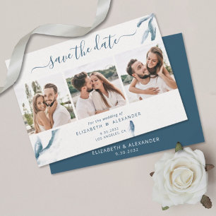 Save The Date 3 photo élégant bleu aquarelle simple mariage