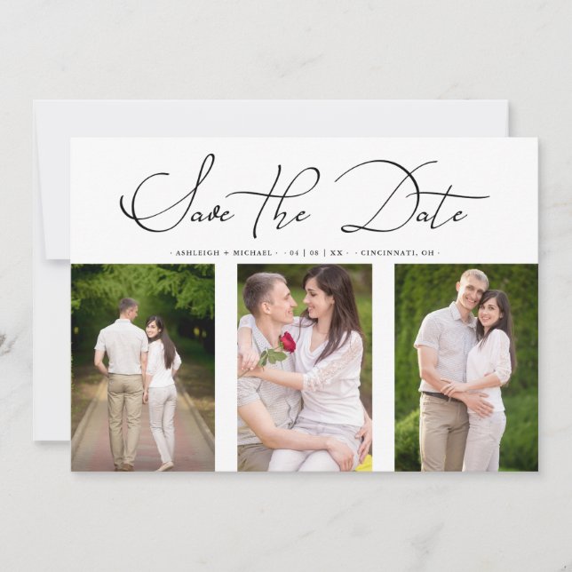 Save The Date 3 Photos Collage Engaged Chic Minimalist Wedding (Devant)